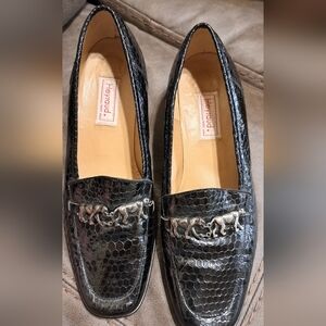 Heyraud Leather Block Heels Black Slip On Pumps Croc Embossed Lion Silver Trim 9
